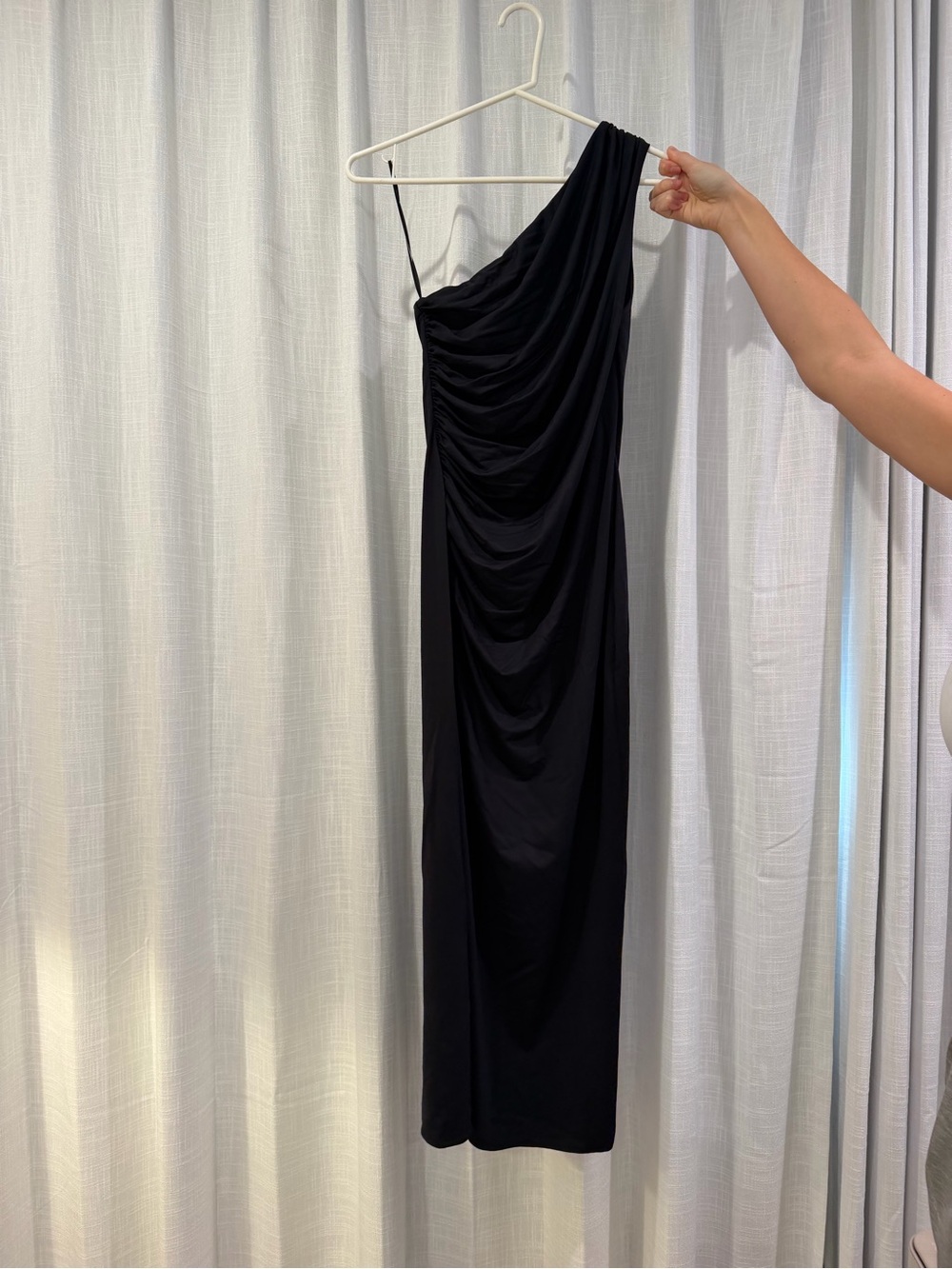 Zara One-Shoulder Black Draped Evening Gown